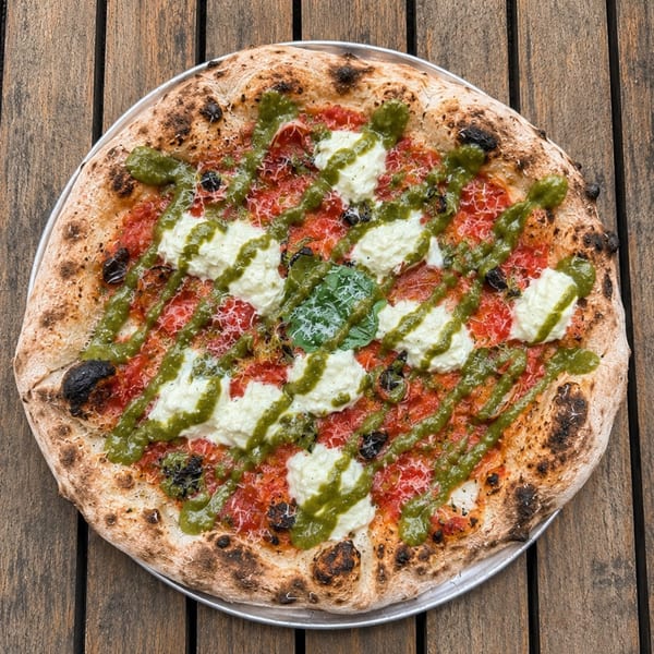 Neapolitan pizza with tomato sauce, dollops of fresh mozzarella, pesto drizzle, and basil on a wooden table.