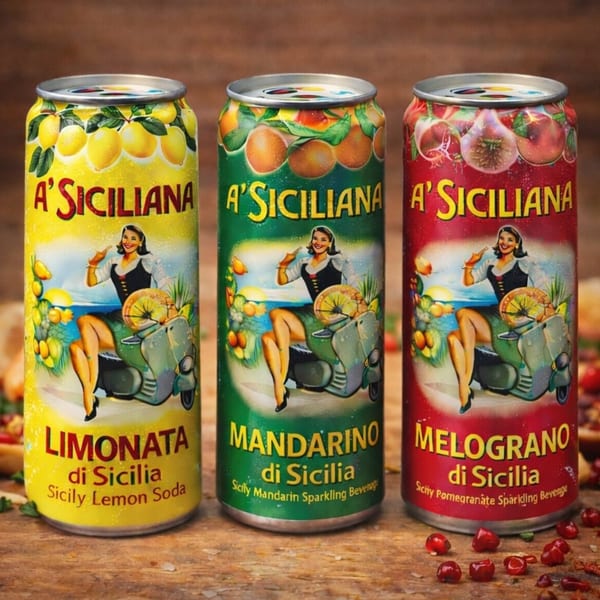 Three A'Siciliana soda cans: lemon, mandarin, and pomegranate, on a wooden surface.
