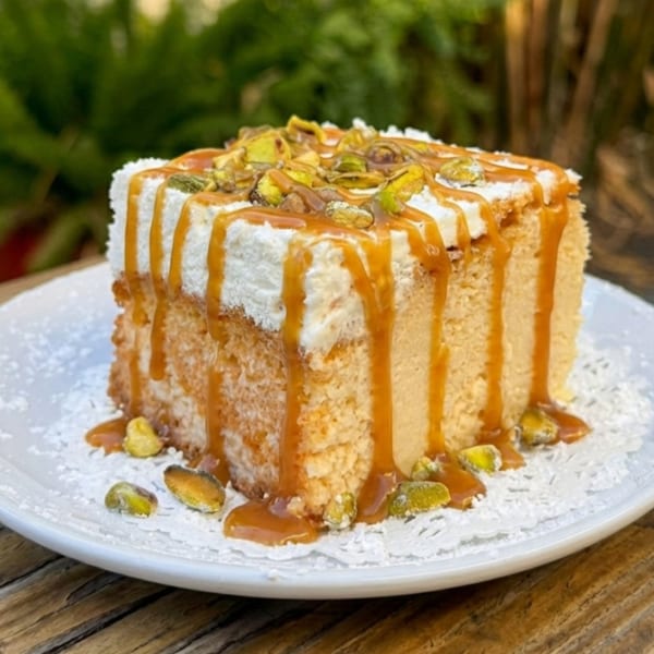 A slice of cake with white frosting, caramel drizzle, and chopped pistachios on a white plate.