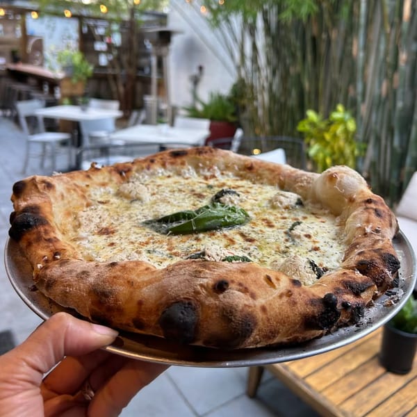 A hand holds a white pizza with basil and a charred crust at Rodrigo's Craft Pizza.