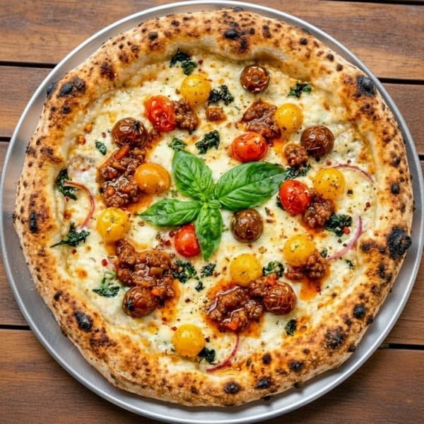Rodrigo's Craft Pizza with white sauce, cherry tomatoes, sausage, and fresh basil on a wooden table.
